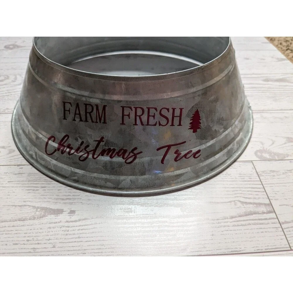 Silver Galvanized Metal Red “Farm Fresh Christmas Trees” Farmhouse Collar Skirt